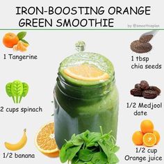 an orange and spinach smoothie in a mason jar with the ingredients to make it