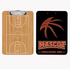 a clipboard with an image of a basketball court and the word mascot on it