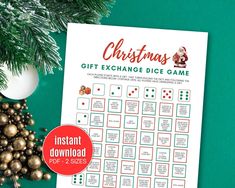 printable christmas exchange dice game for kids to play on the holiday table with ornaments around it