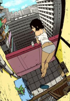 a woman standing on top of a bathroom next to a window