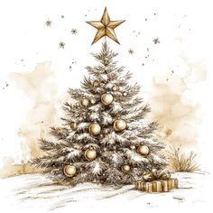 a drawing of a christmas tree with gold ornaments and a star on top, in the snow