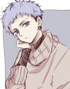 a drawing of a man with blue eyes and purple hair, wearing a gray sweater