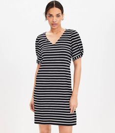 Striped Puff Sleeve V-Neck Swing Dress Tall Dresses, Material Girls, Petite Dresses, Swing Dress, Women's Dresses, Effortless Style, Cute Dresses, Dress Skirt, Puff Sleeve