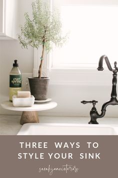 a sink with a potted plant next to it and the words three ways to style your sink