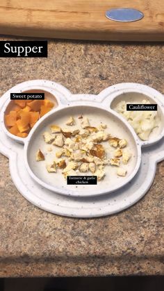 three bowls with different types of food in them