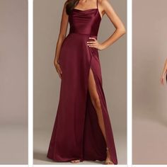 three different styles of evening gowns, one in red and the other in purple