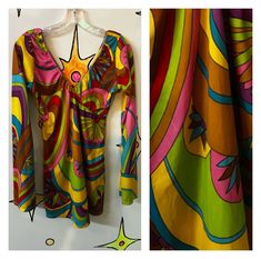 "This vintage 90s does mod 60s costume dress is totally cute! Size : S? Please check measurements for a good fit!  Bust: 33\" Waist:  28\" Hips: 34\" Length:  31\" No stains or holes." Retro V-neck Dress With Vibrant Print, Retro Long Sleeve Graphic Print Dress, Retro Long Sleeve Dress With Vibrant Print, Multicolor Retro Print Hippie Dress, Hippie Style Multicolor Retro Print Dress, Vintage Multicolor V-neck Mini Dress, Retro Multicolor Vintage Print Dress, Multicolor Hippie Dress With Retro Print, 70s Inspired Fitted Multicolor Dress