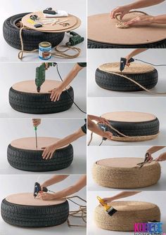 how to make a tire ottoman out of an old tire with rope and some glue