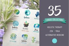 the 35 logos collection for holist therapy and alternative medicine are displayed in front of purple flowers