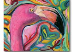 a painting of a pink flamingo with colorful swirls on it's face