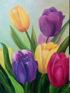 an oil painting of colorful tulips in a vase