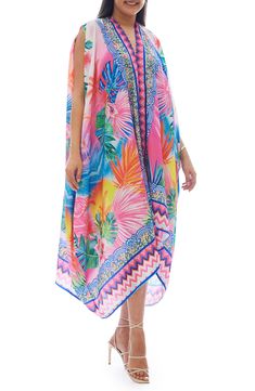 Strut your stuff down to the pool in this lightweight ruana with a bold pattern for eye-catching appeal. Ties at front V-neck
 Long sleeves 100% polyester Hand wash, dry flat Imported Model stats: 5'10" height, 32" bust, 25" waist, 36" hip. Multicolor V-neck Cover-up For Pool, Multicolor Hawaiian Cover-up With Tropical Print, Summer Multicolor Tropical Print Cover-up, Casual Pink Printed Cover-up, Multicolor Tropical Print Kaftan For Vacation, Multicolor Tropical Print Summer Kaftan, Pink Vibrant Print Kaftan For Vacation, Summer Multicolor Tropical Print Kaftan, Vacation Tropical Print Multicolor Kaftan