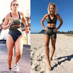 two women in swimsuits running on the beach next to each other, and one is