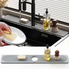 a person is washing bread in a kitchen sink with soap and other items on the counter