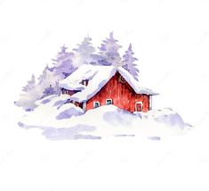 a watercolor painting of a red barn in the snow surrounded by pine trees on a white background