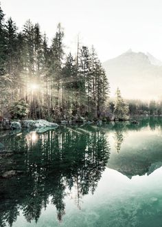 a lake surrounded by trees and mountains with the sun shining on it's surface