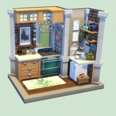 a small kitchen with an oven, stove and sink in it's center area