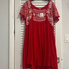 Nwt Ecote Red And White Bohemian Flowy Dress Urban Outfitters Flower Embroidery On Chest And Sleeves Never Worn With Original Tags, Perfect Condition Very Lightweight Material Casual Red Dress With Floral Embroidery, Casual Red Dresses With Floral Embroidery, Red Folk Style Embroidered Dress, Casual Red Mini Dress With Floral Embroidery, Casual Tunic Dress With Embroidered Hem, Red Folk Tunic Dress, Red Embroidered Tunic Dress, Red Floral Embroidered Dress For Festival, Red Folk Style Dress With Embroidered Hem