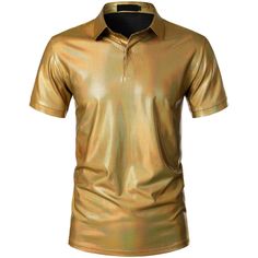 The Lars Amadeus Metallic Polo Shirt is designed to make a bold fashion statement with its shiny metallic fabric and slim fit. Perfect for summer night outs, clubs, themed parties, or stage performances, this polo shirt features a turndown collar and short sleeves. Pair it with dark jeans, faux leather trousers, or leather jackets for a unique and trendy style. Made from lightweight fabric, it ensures comfort while keeping you stylish. Hand wash recommended. Fitted Gold Collared Top, Gold Shirt For Summer Party, Fitted Gold Shirt For Night Out, Fitted Gold Shirt For Summer, Gold Tops For Club Summer Wear, Gold Party Shirt For Summer, Summer Gold Tops For Club, Metallic Club Tops For Summer, Metallic Tops For Club In Summer