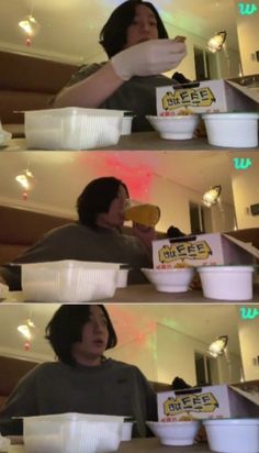 the man is eating his food in three different pictures, and then he has to eat it