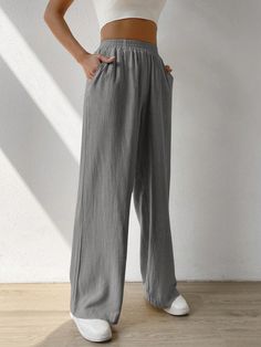 Solid Slant Pocket Linen Wide Leg Pants Light Grey Casual   Woven Fabric Plain Wide Leg Non-Stretch  Women Clothing, size features are:Bust: ,Length: ,Sleeve Length: