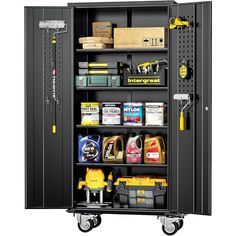 a black storage cabinet with tools and other items on it's wheels, in front of a white background