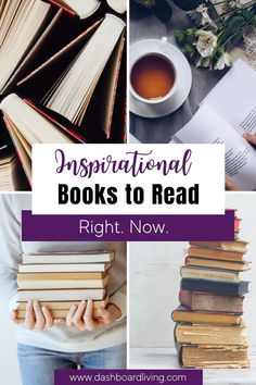 the words inspirational books to read right now are overlaid with images of books and coffee