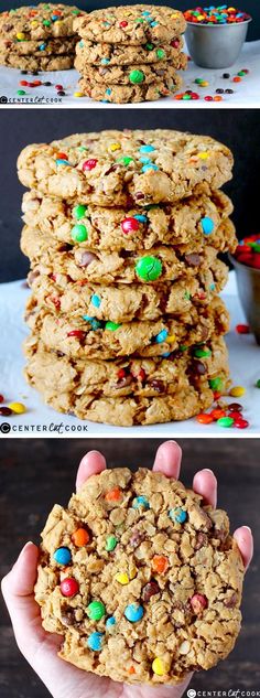 a stack of cookies with m & m's in the middle and on top