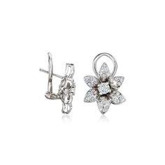 Ross-Simons - C. 1990 Vintage .65ct t. w. Diamond Flower Earrings in 14kt White Gold. C. 1990. These beaming blossoms have been planted in our Estate collection and are waiting to be picked! Shimmering .65 ct. t. w. round brilliant-cut diamonds decorate pretty petals of glossy 14kt white gold. Clip/post, diamond flower earrings. Exclusive, one-of-a-kind Estate Jewelry. Diamond birthstones are the perfect gift for April birthdays. Formal Flower-shaped Diamond Earrings With Accents, Formal Flower Shaped Diamond Earrings With Accents, White Gold Clip-on Diamond Earrings In Sterling Silver, White Gold Sterling Silver Clip-on Diamond Earrings, Classic Diamond Earrings With Flower Shape For Formal Occasions, Formal Flower-shaped Brilliant Cut Diamond Earrings, Formal Flower Shaped Brilliant Cut Diamond Earrings, Formal Flower-shaped Diamond Earrings With Brilliant Cut, Formal Brilliant Cut Round Flower Earrings