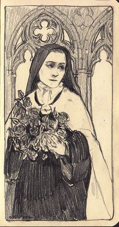 a black and white drawing of a woman holding flowers