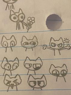 several drawings of cats and birds on lined paper