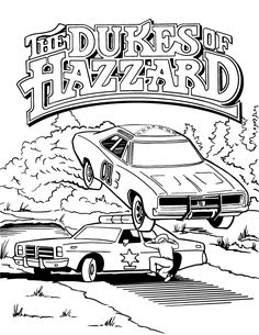 an old school coloring book with two cars and the words, the dukstuff tavern