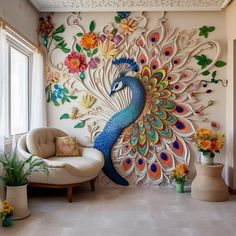 a peacock painted on the wall next to a chair