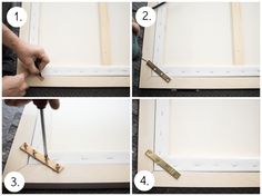 four pictures showing how to make a diy photo frame with wood and leather trim