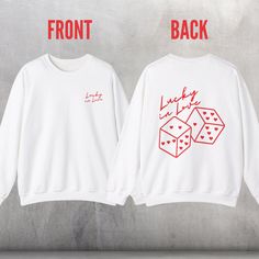 two sweatshirts that say front and back, with the same image in red on them