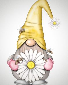 a painting of a gnome with flowers and bees on it's head, surrounded by daisies