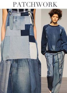 an image of a woman walking down the runway wearing patchwork denims and jeans