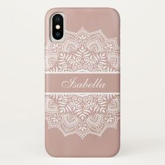 an iphone case with the name kahlha in white and beige on it's front