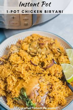 instant pot chicken biriyani with limes on the side