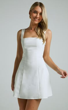 Adiana Mini Dress - Linen Look Square Neck Shirred Back A Line Dress in Off White | Showpo USA White Fit And Flare Mini Dress, Short Off White Dress, Classy Mini Dress Chic, Graduation Dress Mid Size, White Graduation Dress Classy, White Square Neck Lined Dress, Classic Summer Mini Dress With Fitted Bodice, Classic Mini Dress With Fitted Bodice For Summer, White Mini Dress With Straight Neckline And Lining