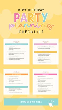 the kids'birthday party planning checklist is shown in pink, blue and yellow