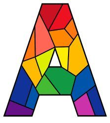 the letter a is made up of multicolored geometric shapes and has a white background