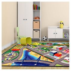 a child's room with toys, bookshelves and rugs on the floor