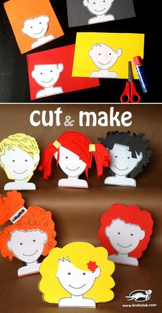 paper cut out of children's faces with hair styles on them, sitting next to each other