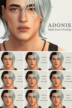 an animation character with different facial expressions and hair styles, including the male face overlay