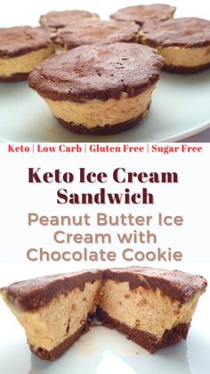 keto ice cream sandwich on a white plate with chocolate cookies in the background and text overlay that reads, keto ice cream sandwich peanut butter ice cream with chocolate cookie