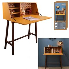 a wooden desk with shelves and drawers on it, next to an image of a clock