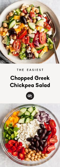 two plates with different types of salads on them and the words, the fastest chopped greek chickpea salad