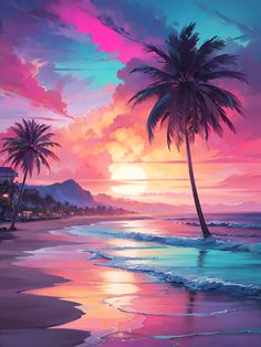 a painting of two palm trees on the beach at sunset, with pink and blue colors