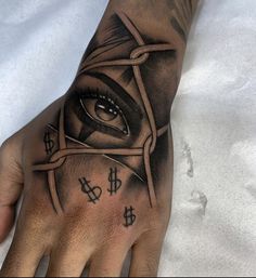 a hand with an all seeing eye tattoo on it